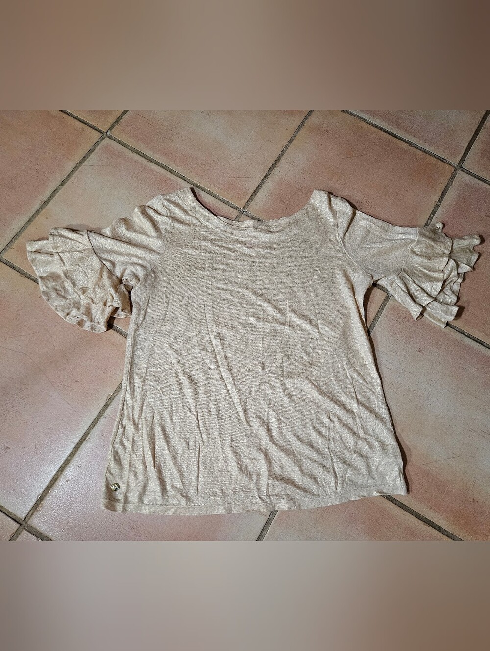 Lilly Pulitzer Lula Sand Dune Metallic Gold Linen Top Flounce Sleeve - Picture 7 of 13
